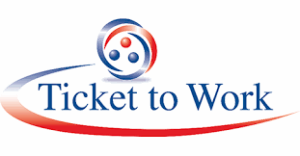 Ticket to Work logo. Ticket to work spelled out in dark blue letters surrounded by red and dark blue design