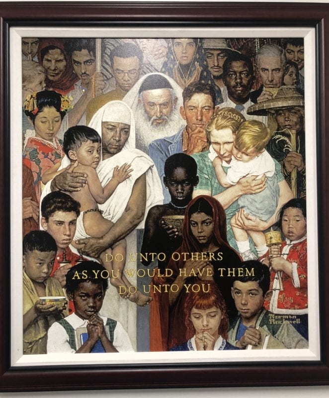 Norman Rockwell print with the text 'Do unto others as you would have them do unto you' with peoples of all different colors, religions, and nationalities.